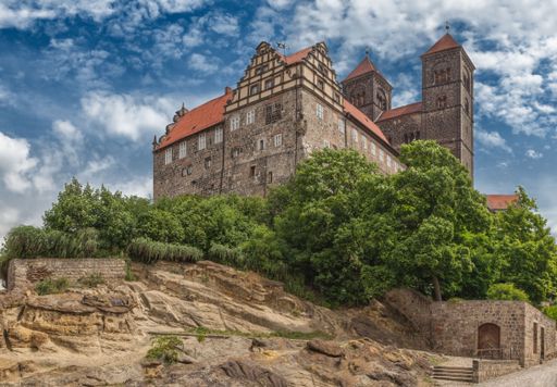 A low angle of the castle and Collegiate Church of St. Servatius on the Schlossberg Germany