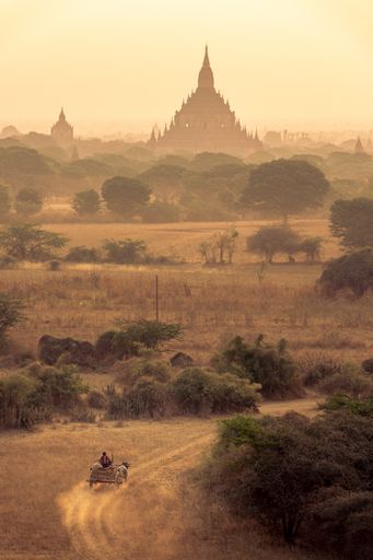 A high angle vertical shot of the old Bagan temples located in Myanmar during sunrise