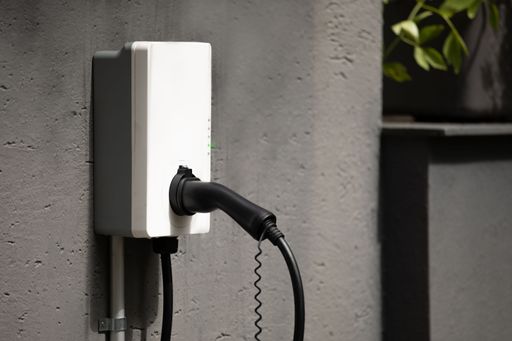 A plug holder for wall mount charging station with cable at wall box mounted to concrete house wall