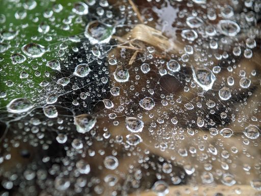 A macro shot of the water drops on a spider web
