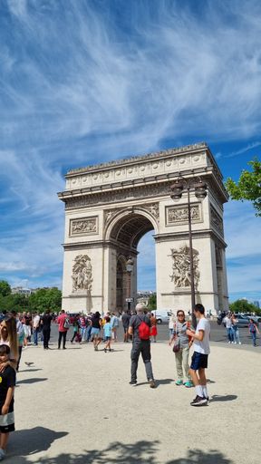 A vertical shot of people near Arc de Triomphe in Paris, France