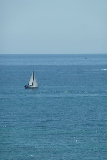 A vertical aerial shot of a sailboat in blue sea under clear sky