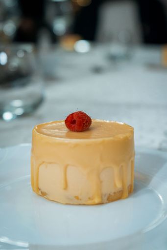 A vertical shot of a small creamy cake with a raspberry on top of it put on a white plate