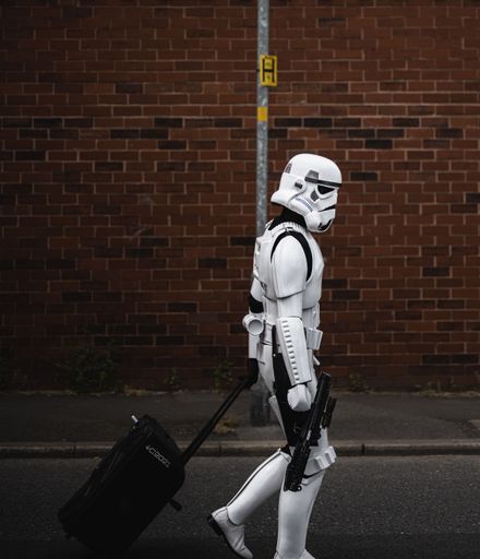 A Stormtrooper and his sound system walking the streets of Manchester