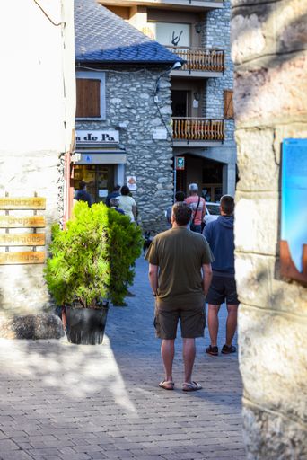 Alp, Spain : 2020 19 July : Main street behind the Church of Parroquia de Sant Pere in Summer. Alp, Spain  on July 2020 in summer