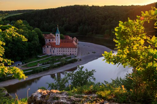 An aerial view of the Weltenburg Abbey monastery near the river Danube, Kelheim, Germany