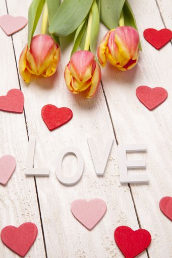 A vertical shot of colorful tulips with the word Love written on a wooden surface