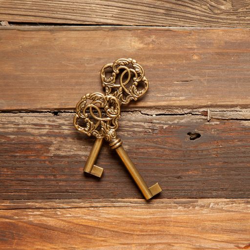 A top view of two beautiful antique keys on a wooden surface