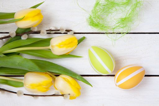 A top view of yellow fresh tulips and decorative painted eggs on a white table