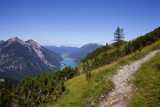 A beautiful view of Lake Achen from the mountain top in Tyrol, Austria
