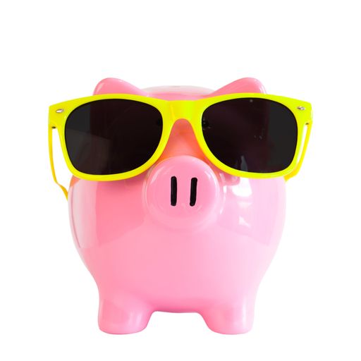 A closeup shot of a piggy bank with sunglasses isolated on a white background