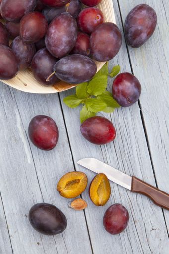 A vertical top view of a plate of fresh plumps on a wooden surface
