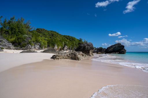 The sandy Horseshoe Bay with cliffs and bushes against the bright sky in Bermuda