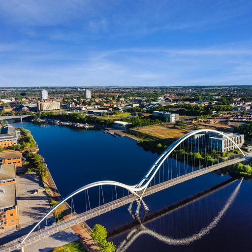 An aerial view of the Infinity Bridge spanning the river Tees in Stockton, United Kingdom