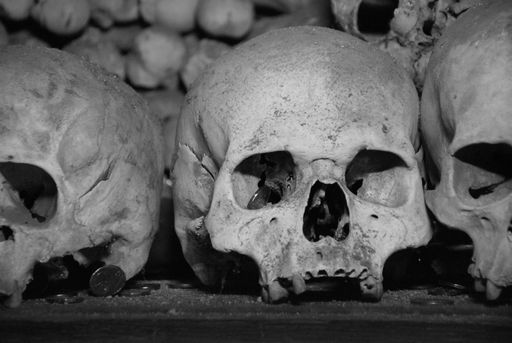A closeup shot of skulls in the Sedlec Ossuary in Kutna Hora, Czech Republic