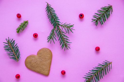 A flat lay shot of candy canes, fir branches, Christmas berries and a heart cookie on a pink surface