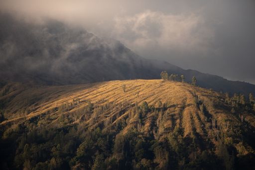 A panoramic shot of an active volcano called Moun Batur located on the island of Bali, Indonesia