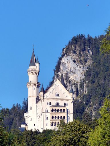 A Neuschwanstein Castle with a rock massif in the Alps around Schwangau  near Fussen in the Free State of Bavaria