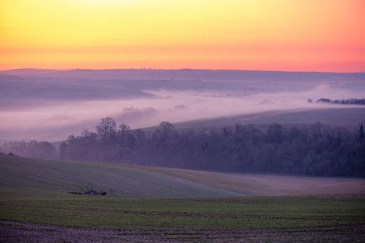 A golden sunrise over the valley with a foggy weather