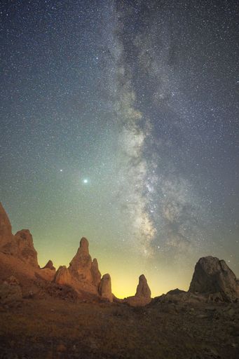 A vertical shot of the Milky Way Galaxy over Trona Pinnacles