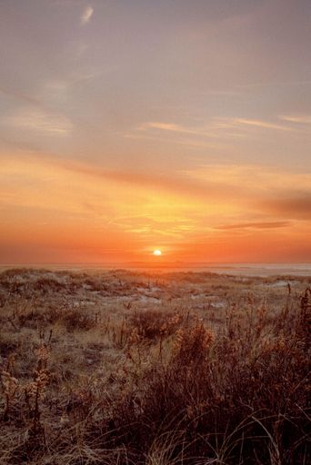 A vertical shot of a sunset in a deserted place surrounded with the orange colors of the setting sun
