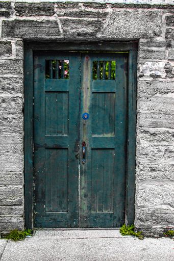 Old green entrance doors with weathered paint