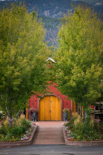 A vertical shot from a road of an old country wooden house with a garden