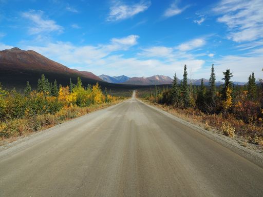 A beautiful scenery of a pathway surrounded by greenery with high rocky mountains in the background