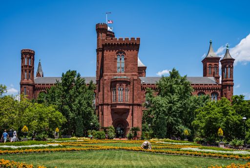A beautiful shot of the Smithsonian Castle in Washington DC on a sunny day