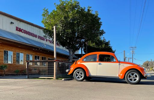 A Volkswagen Beetle parked outside Escondido Feed and Pet store on a sunny day