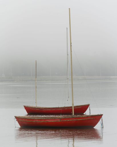 A vertical shot of red kayas in the water during a misty weather