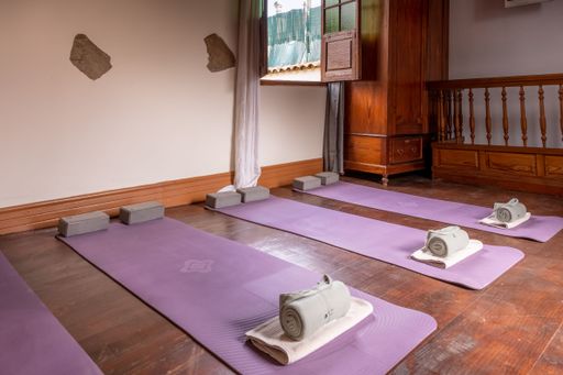 A modern interior of a room with yoga mats
