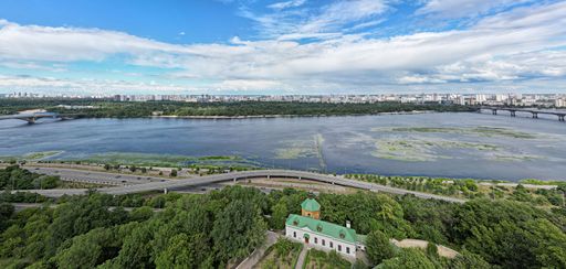 An aerial view of the Dnieper river and the city of Kyiv in Ukraine