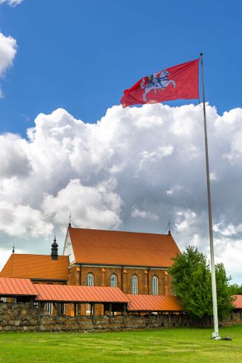 A vertical shot of of a building with a garden and the Lithuania flag