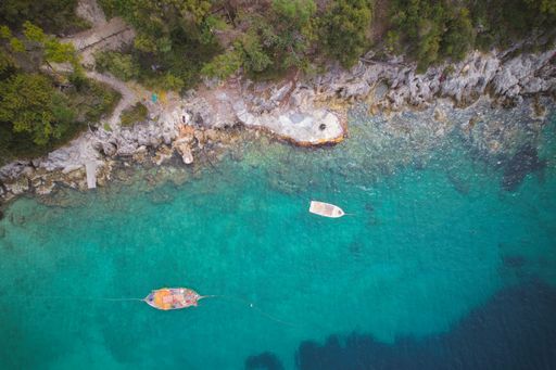 A top view of fishing boats at anchor in Afteli beach, a pearl of the east coast of Lefkada