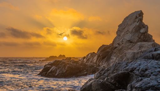A silhouette of birds flying over the rocky cliffs of Big Sur in California during the sunset