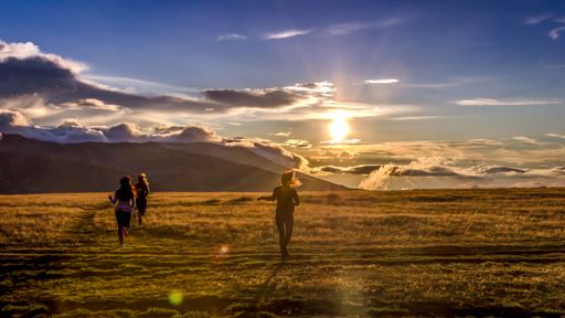 Three girls running in the field in Transalpina, Romania at sunset