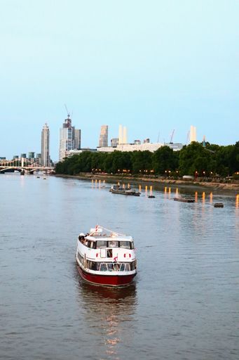 A vertical shot of the river Thames with Albert Bridge at distance, London, United Kingdom