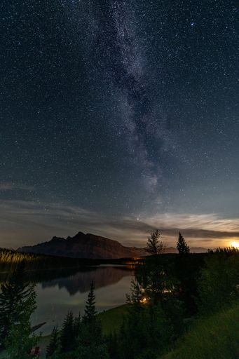 A vertical shot of the Milky Way above Silver Falls, Oregon