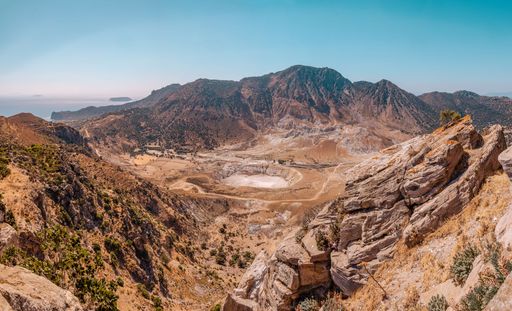 An aerial shot of the beautiful Nisiros volcanic island in Greece