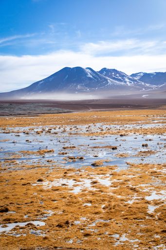 A vertical shot of the El Tatio Geyser over wetland under a blue cloudy sky in Chile