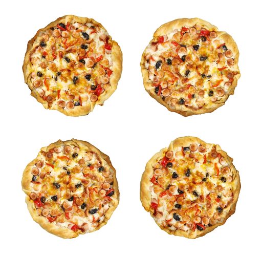 A top view of fresh tasty homemade pizzas isolated on a white background