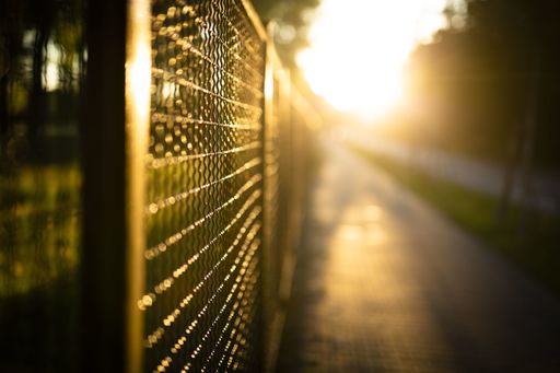 A bright sun shining bright on a metal fence