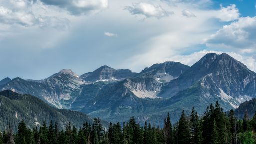 A gorgeous landscape with tall snowy peaks and thick green forests under a bright cloudy sky