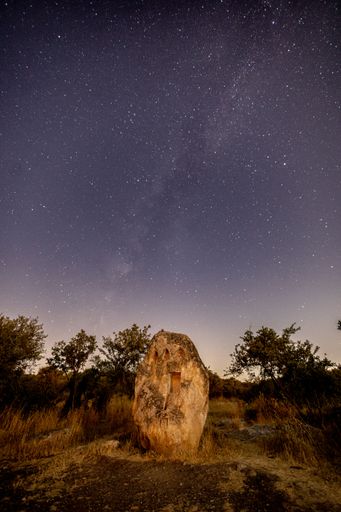 A vertical shot of a rock on the background of the starry sky