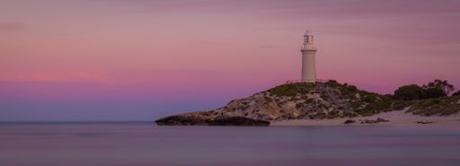 A panoramic view of the Bathurst Lighthouse located in Rottnest Island in Western Australia during a twilight
