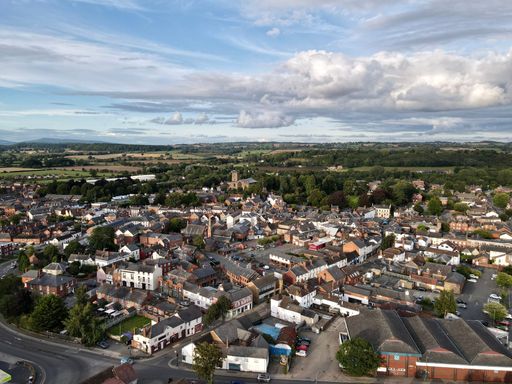 An aerial shot of the town Leominster under the cloudy sky, Herefordshire, England