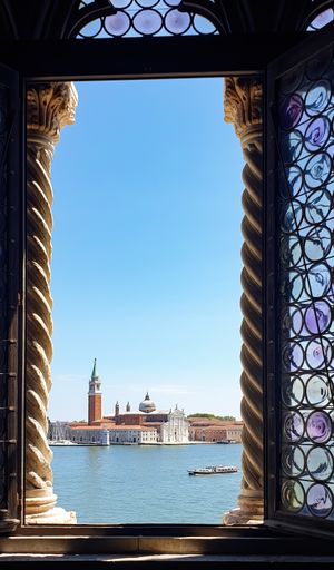 Looking through a window inside the Doge's Palace with the San Giorgio Maggiore in the frame