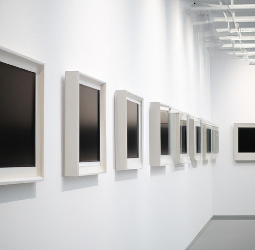 A row of empty picture frames on a wall of an art gallery