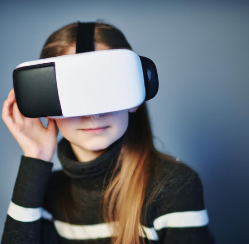 A young woman in a sweater wearing virtual reality (VR) headsets